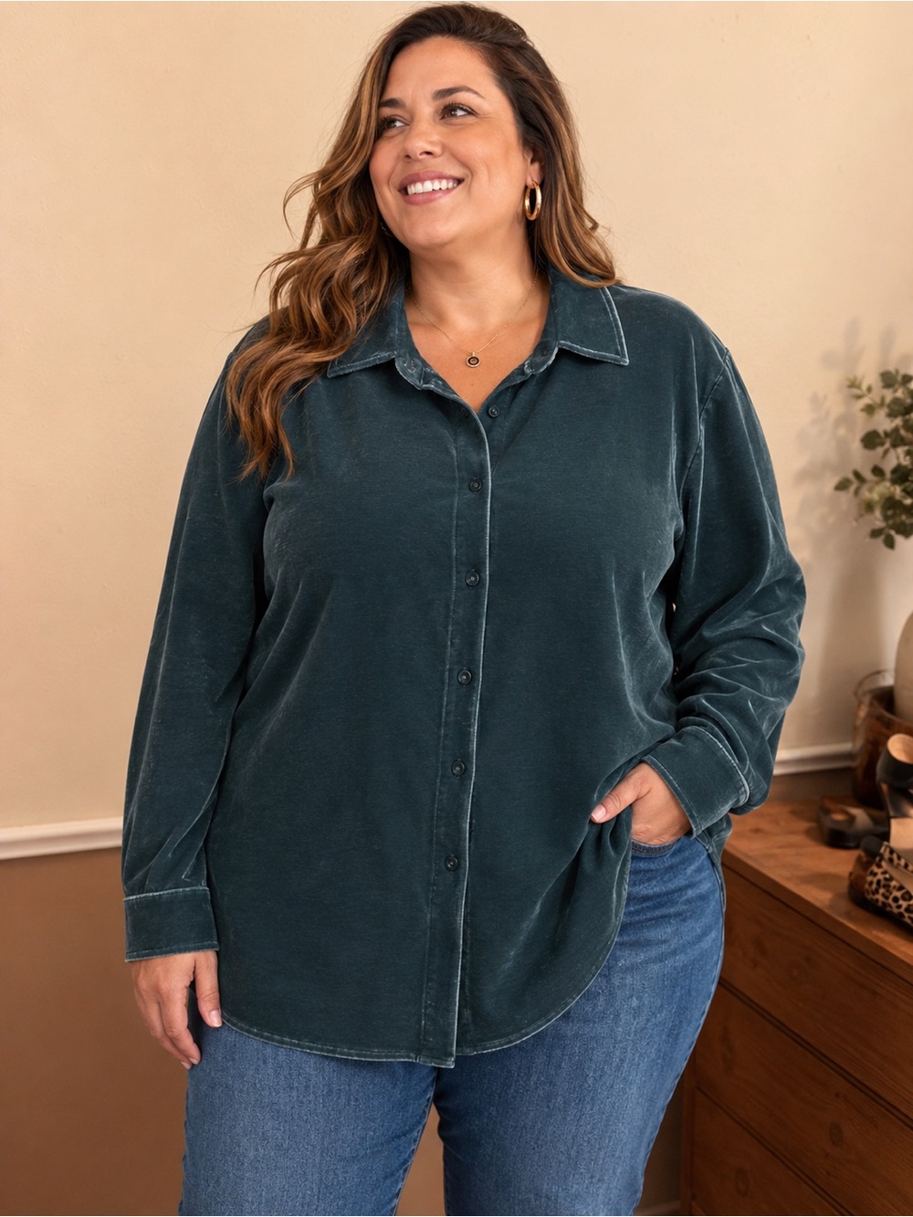 Soft Surroundings Deep Teal Velvet Button-Front Shirt